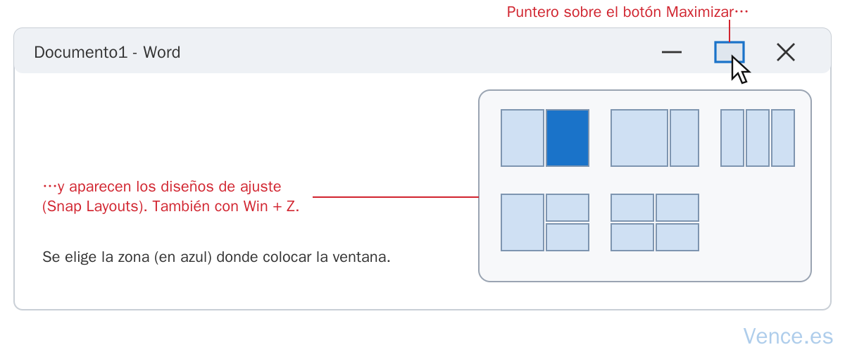 Snap Layouts: al poner el puntero sobre el botón Maximizar aparece el panel con los diseños de ajuste (mitades, dos tercios y un tercio, tres columnas, mitad y dos cuartos, cuatro cuadrantes); también se abre con Win + Z