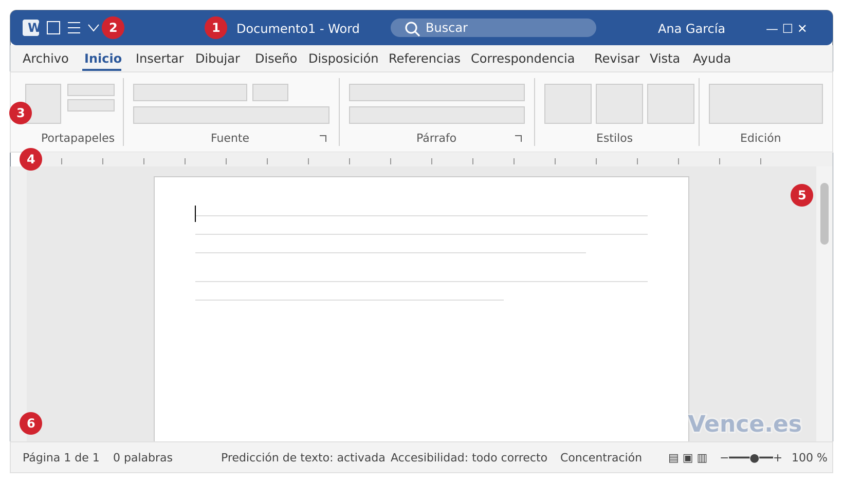 Esquema de la ventana de Word 365: 1 barra de título, 2 barra de herramientas de acceso rápido, 3 cinta de opciones, 4 regla, 5 barra de desplazamiento y 6 barra de estado